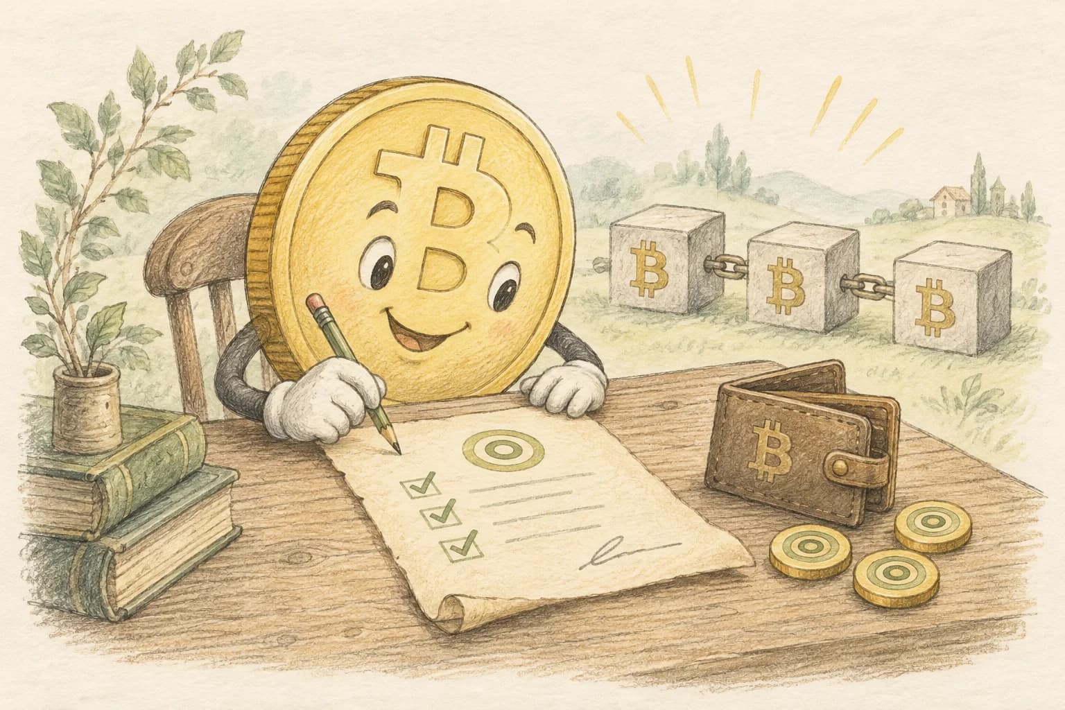 Pencil comic of a Bitcoin character reviewing a token deployment with a checklist and its own wallet.